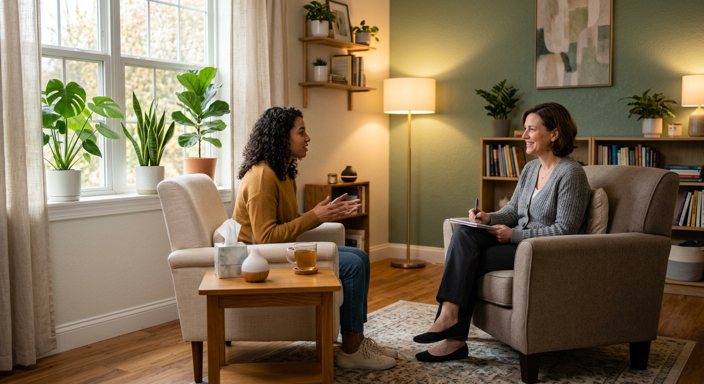 Calm therapy office with warm natural light and a comfortable chair